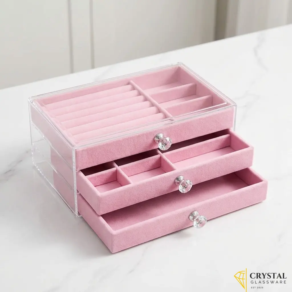 Acrylic jewelry organizer with three pink velvet drawers